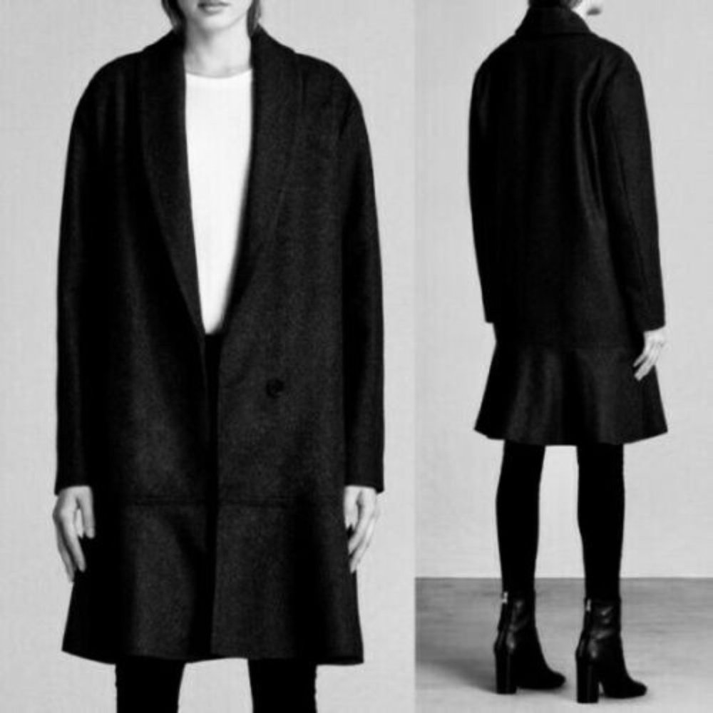 ๐ ALLSAINTS Grace Coat Italian Wool Ruffle Black X-Small - Picture 4 of 13